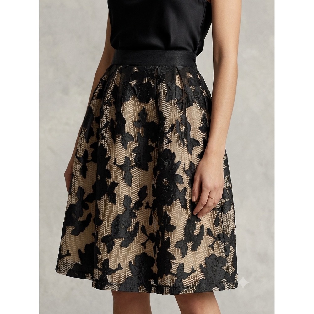Gracia Black Floral Applique Honeycomb Mesh Midi Skirt 1950s inspired L